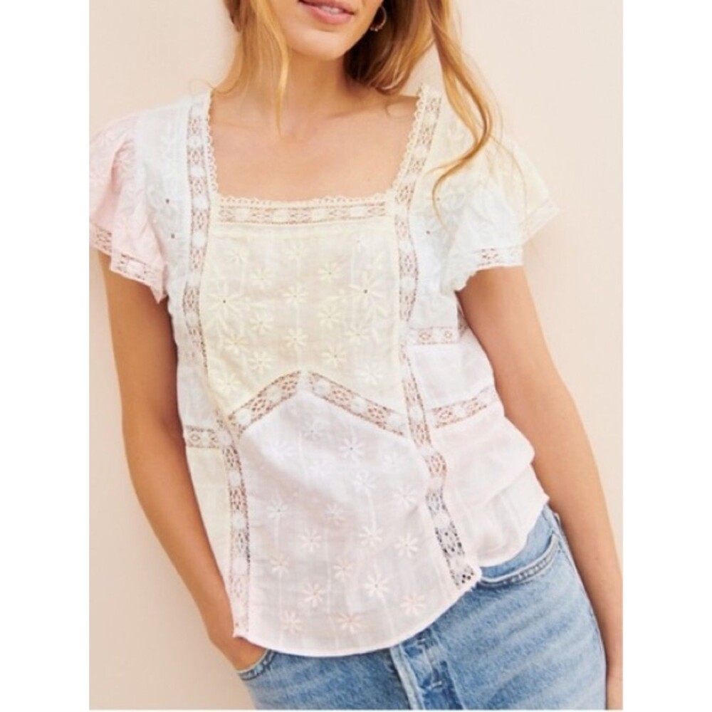 LoveShackFancy WHITE Square Neck Flutter Sleeve Blouse